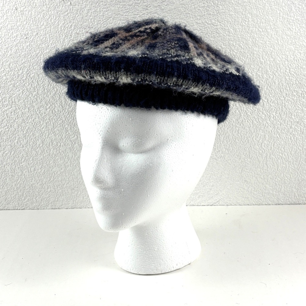 Vintage‎ Aris Plaid Knit Beret Hat Womens OS Navy Blue Fair Isle Tam USA Boho